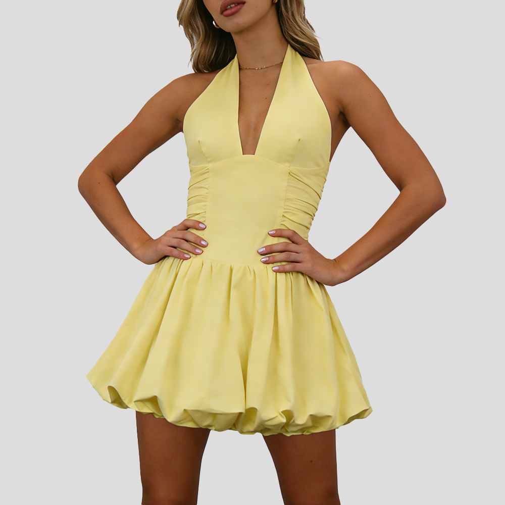 Sexy Deep V Backless Halter Mini Dress – Chic Yellow Bubble Hem Party Dress for Women