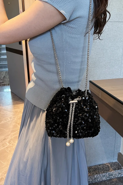 Sparkling Sequin Drawstring Bucket Bag with Chain Strap