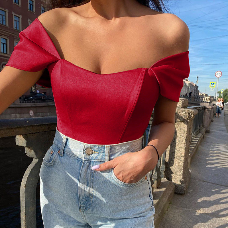 Fishbone Waist Cinched Strapless Satin One Shoulder Top for Women | Corset Style Top
