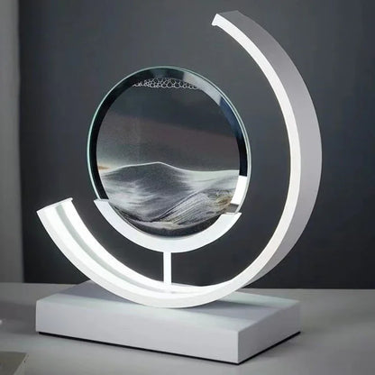 Modern LED sand art lamp with circular frame on a white base, home decor accent