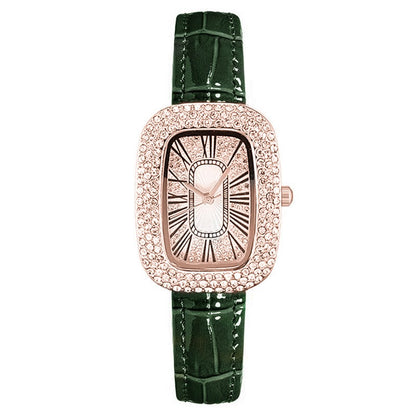 Elegant Small Green Quartz Watch for Women with Rhinestone Bezel
