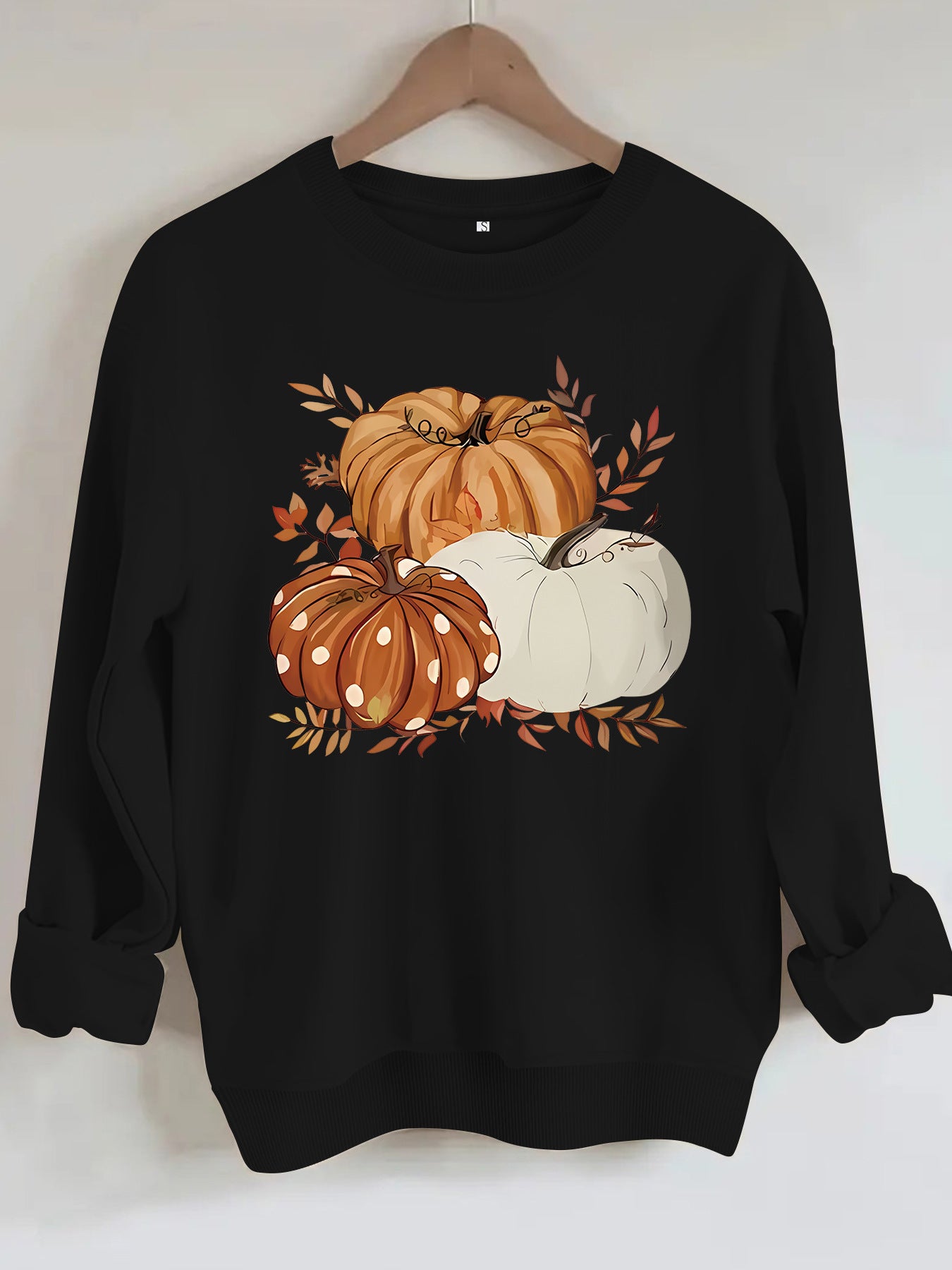 Three Pumpkin Pattern Printed Fall Sweatshirt | Thanksgiving Autumn Graphic Pullover