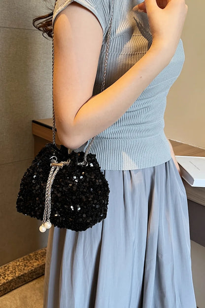 Sparkling Sequin Drawstring Bucket Bag with Chain Strap