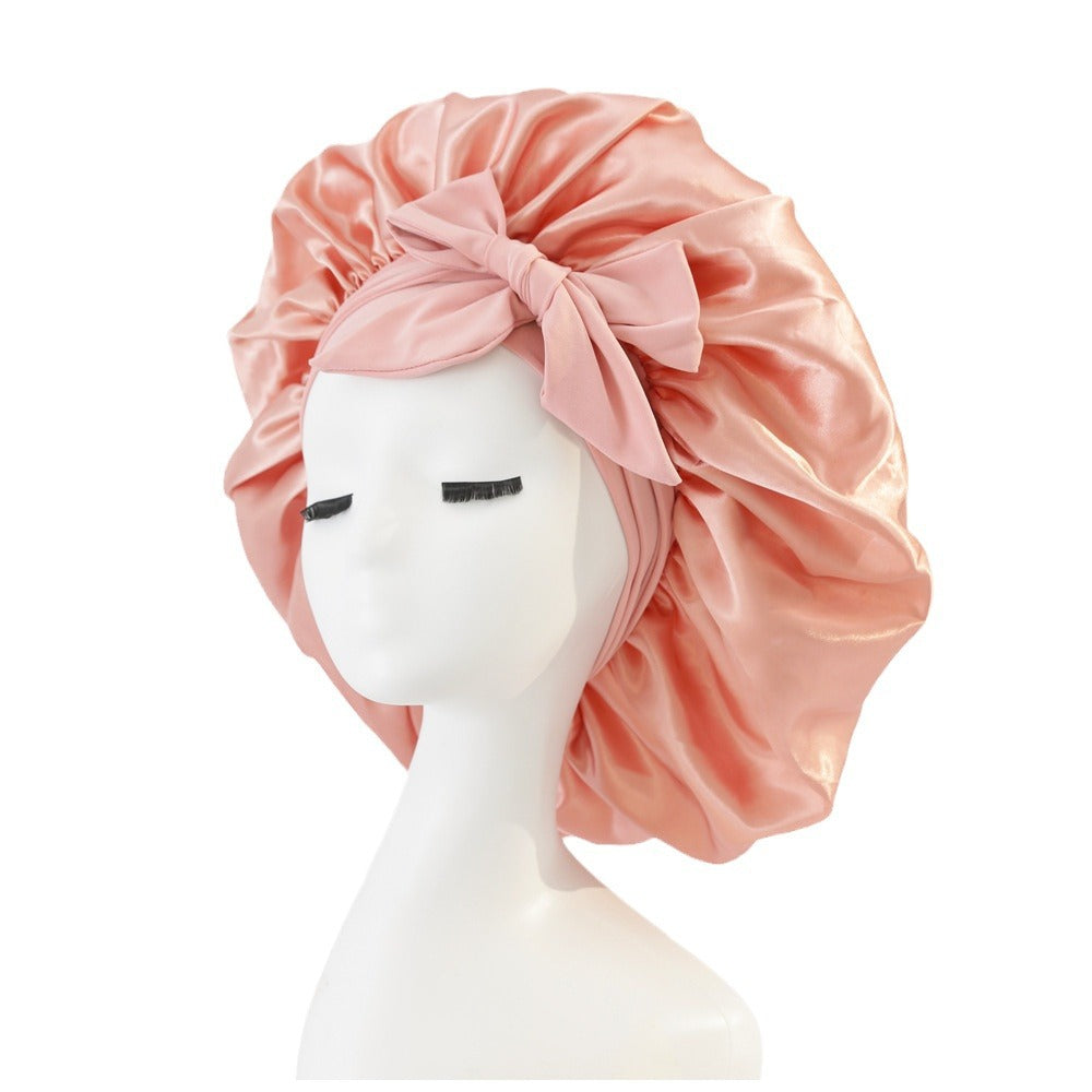 Wide-Brimmed Satin Bonnets with Elastic Ribbon Bow | Solid Color Hairdressing Sleep Cap