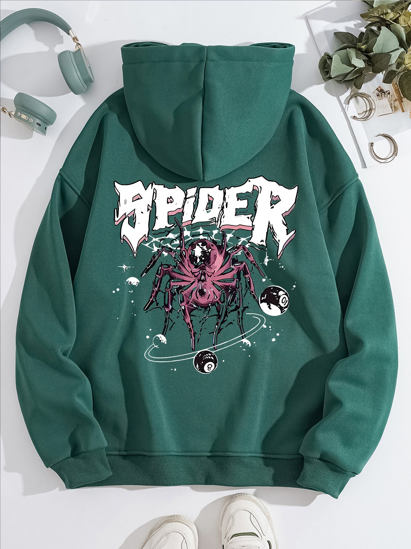 Grunge Spider Graphic Print Hoodie | Oversized Lavender Pullover for Streetwear