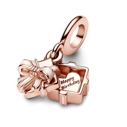 Rose Gold-Tone Bow Ribbon Dangle Charm / Openable Cute Gift Box Pendant for Bracelets