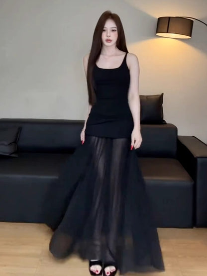 Chic Mesh Splicing Maxi Dress - Elegant Strapless Waist-Cinching Summer Evening Gown