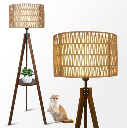 Boho Wooden Tripod Floor Lamp – Elegant Standing Lamp with Rattan Shade & Built-in Shelf for Bedroom Decor