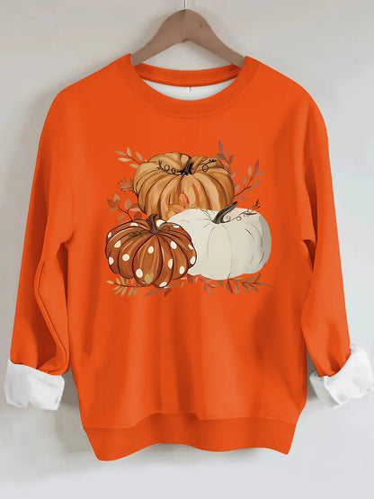Three Pumpkin Pattern Printed Fall Sweatshirt | Thanksgiving Autumn Graphic Pullover