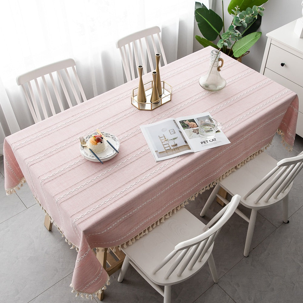 Nordic Jacquard Cotton Linen Tablecloth – Elegant Pink Long Stripe Table Cover with Decorative Tassels