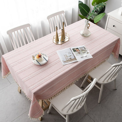 Nordic Jacquard Cotton Linen Tablecloth – Elegant Pink Long Stripe Table Cover with Decorative Tassels