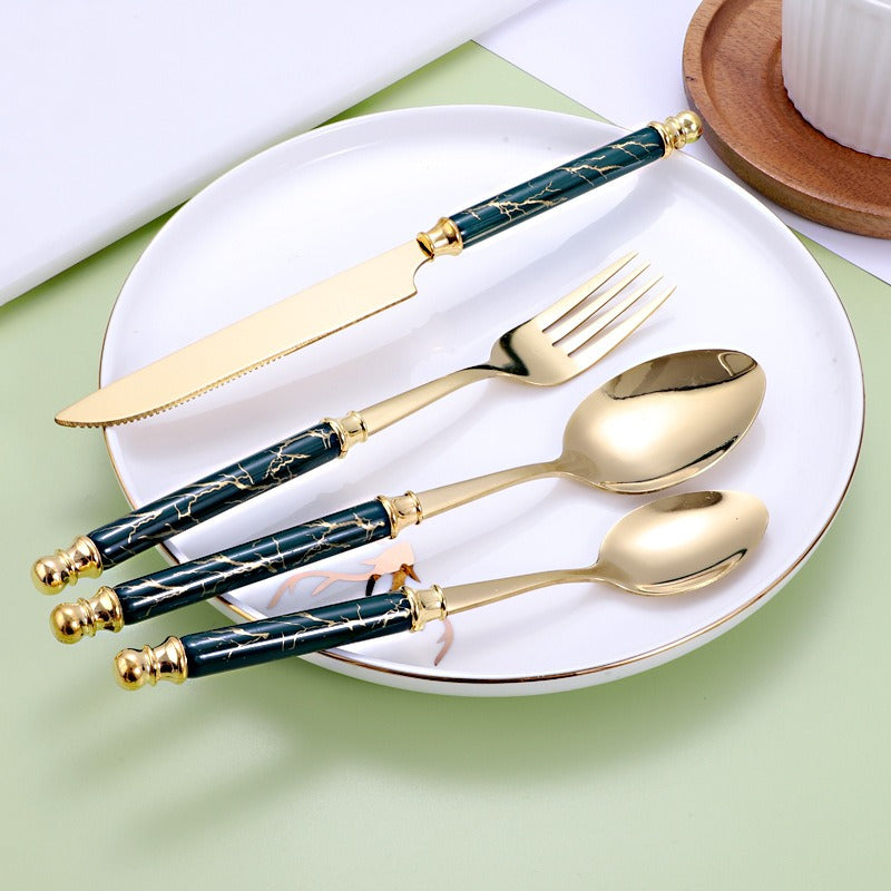 Luxury 24-Piece Golden Cutlery Set with Marble Pattern Handles & Gold Stand