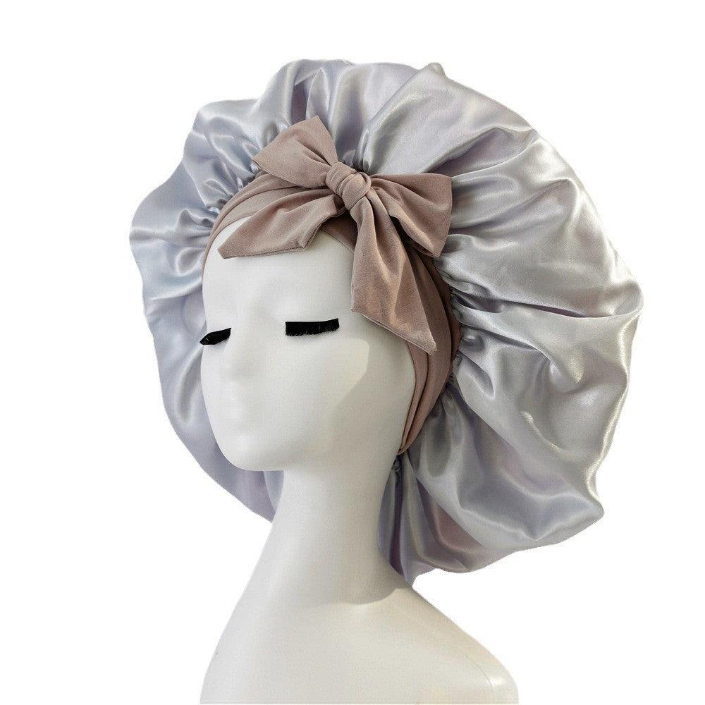 Wide-Brimmed Satin Bonnets with Elastic Ribbon Bow | Solid Color Hairdressing Sleep Cap