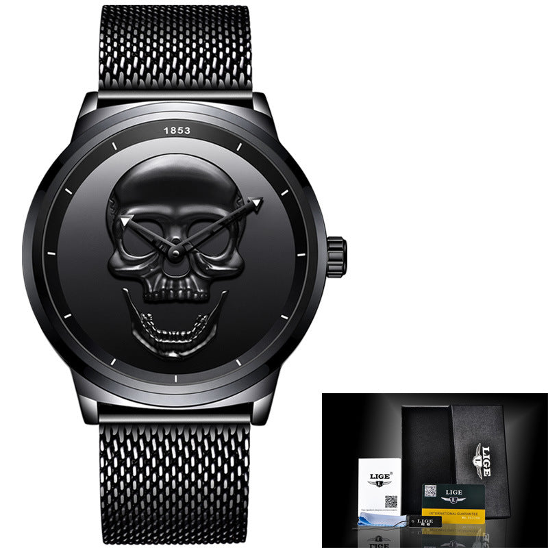 LIGE Men's Creative 3D Skull Watch - Punk Style Stainless Steel Quartz Wristwatch