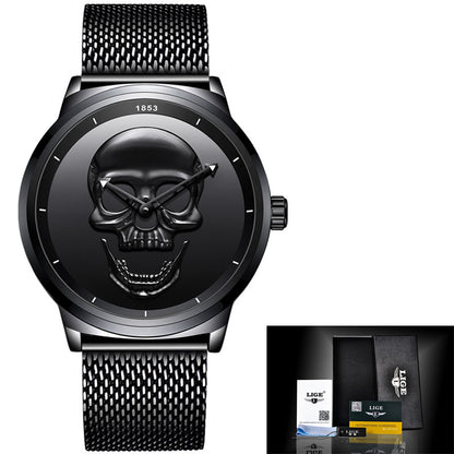 LIGE Men's Creative 3D Skull Watch - Punk Style Stainless Steel Quartz Wristwatch