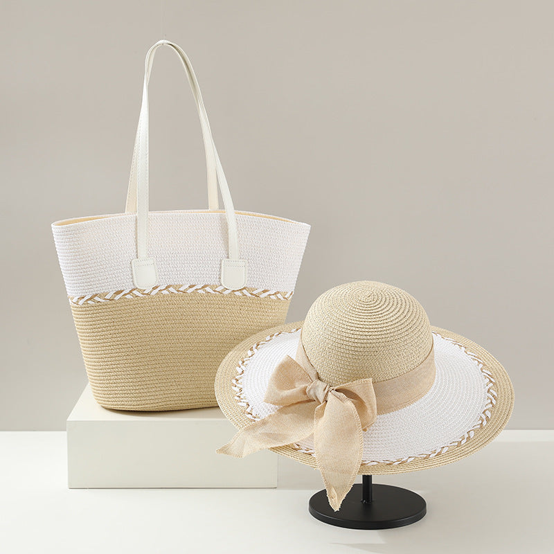 Women's Summer Straw Tote Bag & Wide-Brim Sun Hat Set