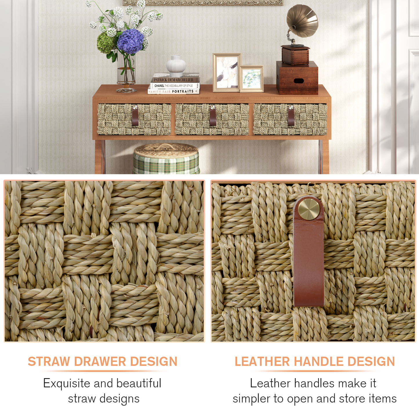 Mid-Century Modern Console Table with 3 Woven Drawers – Multifunctional Entryway Table & Open Storage Rack
