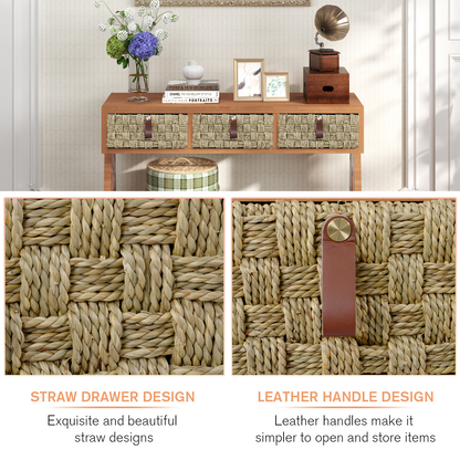 Mid-Century Modern Console Table with 3 Woven Drawers – Multifunctional Entryway Table & Open Storage Rack