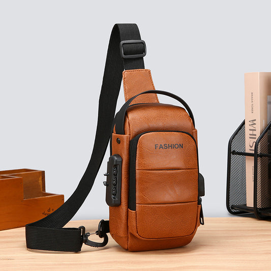 Men's Waterproof Faux Leather Chest Sling Bag with USB Charging Port