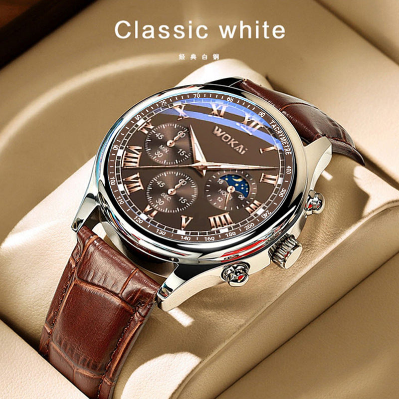Luxury Men's Business Quartz Chronograph Watch with Brown Leather Strap.
