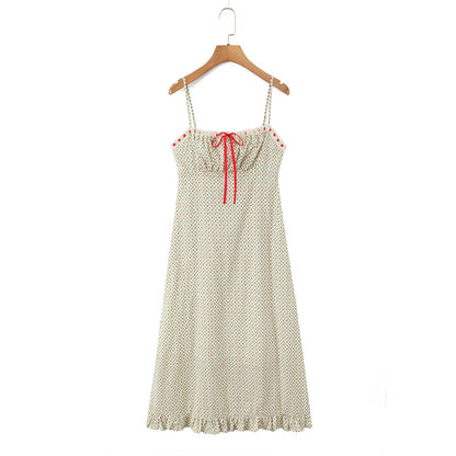 Sweet Floral Print Camisole Maxi Dress – Chic Sleeveless Long Skirt with Ribbon Bow for Women