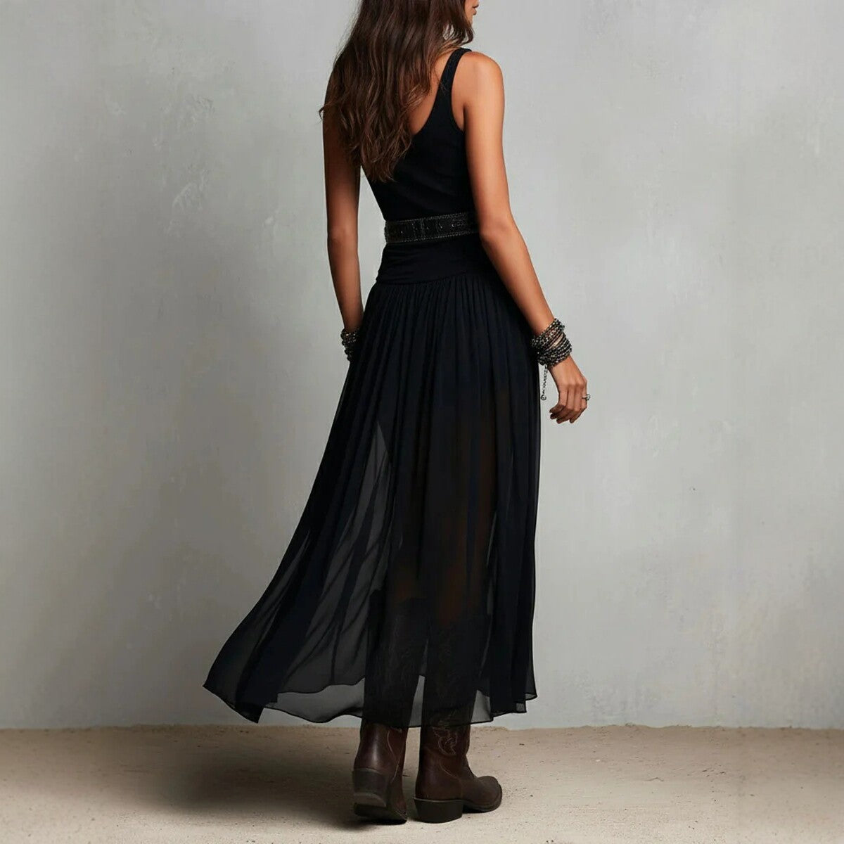 Boho Style Spaghetti Strap Black Mesh Dress - Elegant Flowing Maxi Dress