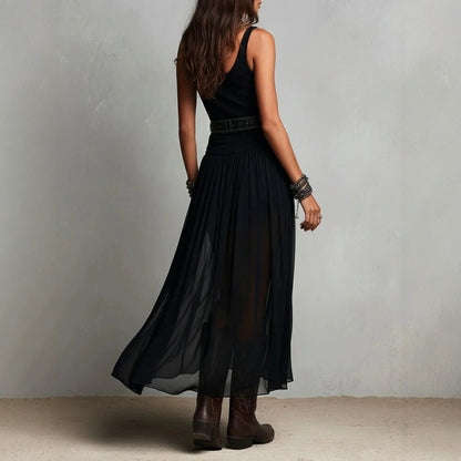 Boho Style Spaghetti Strap Black Mesh Dress - Elegant Flowing Maxi Dress