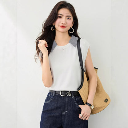 Stripe Turn-down Collar Short Sleeve Knit Top with Layered Look