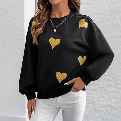 Gold Heart Printed Black Sweatshirt | Loose Fit Round Neck Long Sleeve Pullover
