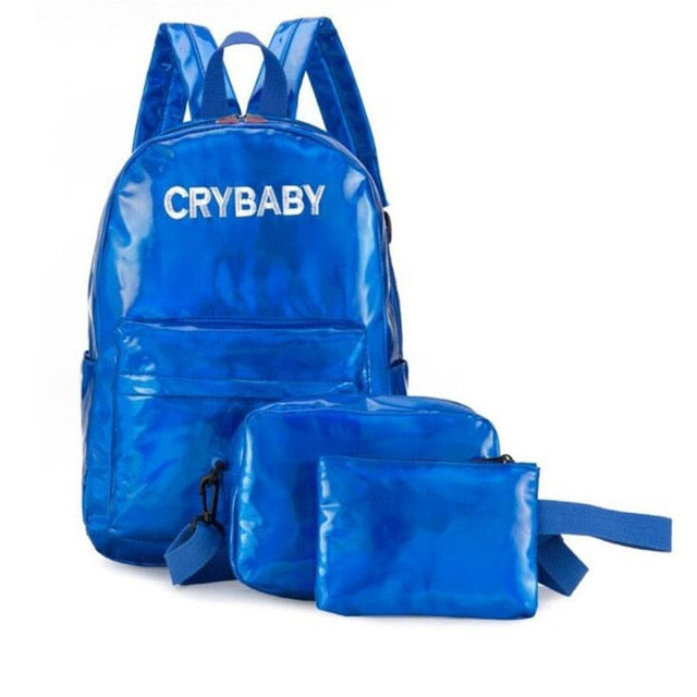 3-Piece Holographic Laser Backpack Set with "Crybaby" Embroidery - School & Travel