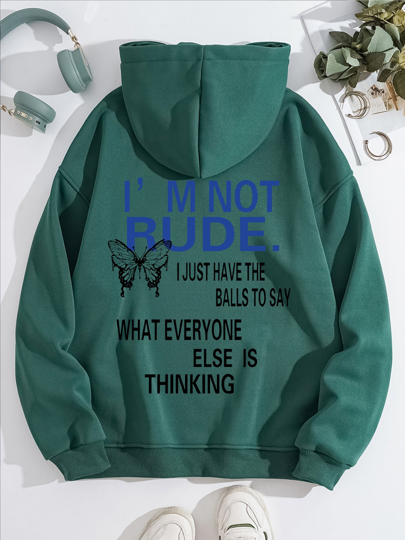 Funny Quote Print Fleece Hoodie | Beige Kangaroo Pocket Pullover for Men & Women