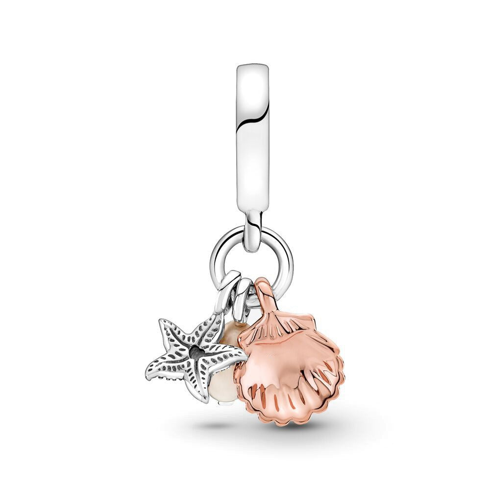 Sterling Silver & Rose Gold-Tone Shell Starfish and Pearl Dangle Charm / Ocean & Beach Themed Charm Pendant for Bracelets