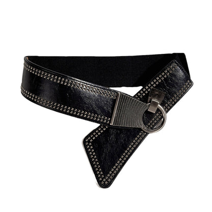 Retro Wide Stretch Waist Belt with Unique Ring Buckle for Dresses