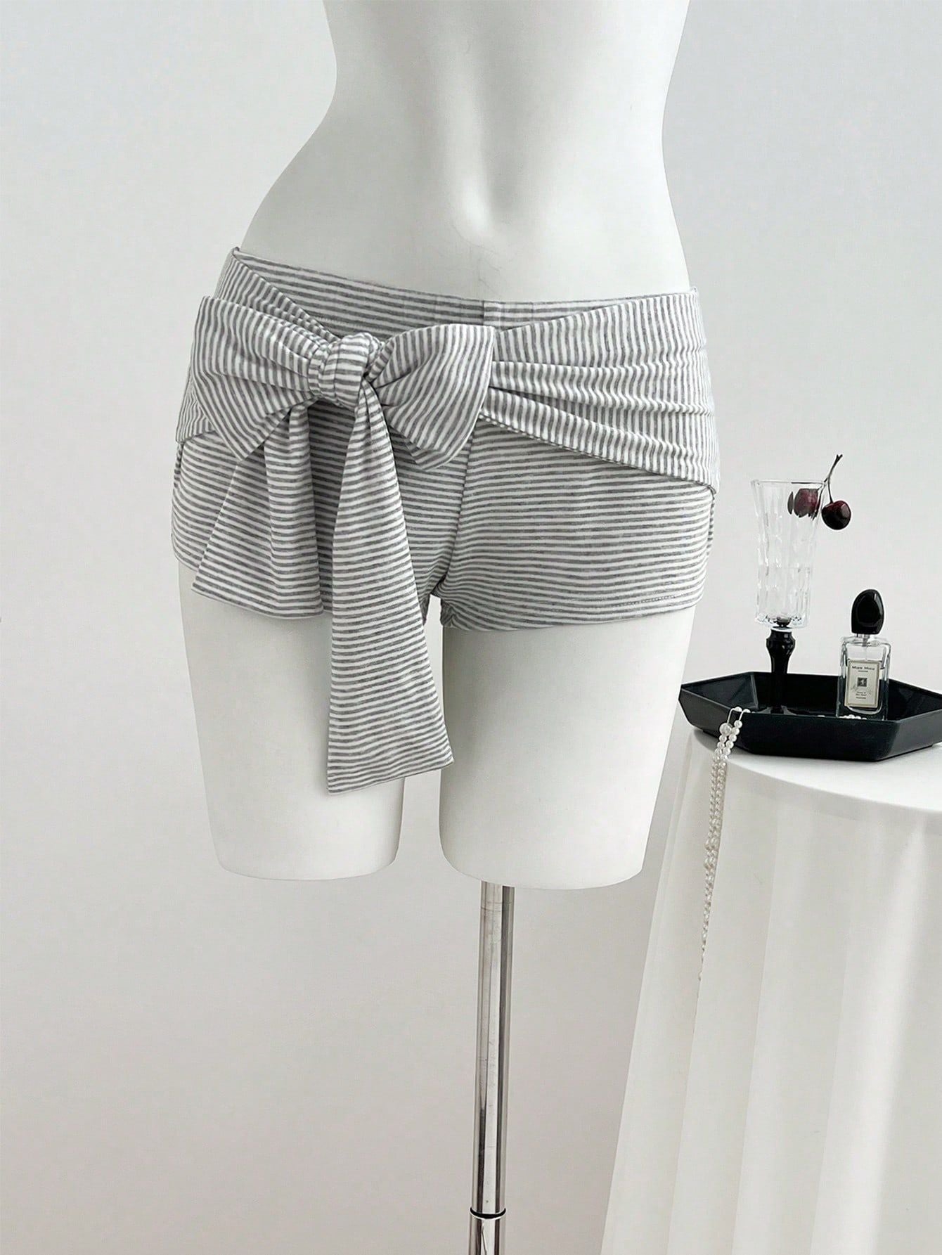 Trendy Low-Waisted Striped Shorts with Big Front Bow