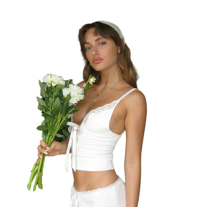 Sexy Lace V-Shaped Crop Top with Straps | Exposed Navel Fashion Camisole