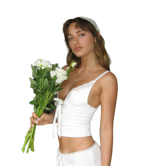 Sexy Lace V-Shaped Crop Top with Straps | Exposed Navel Fashion Camisole