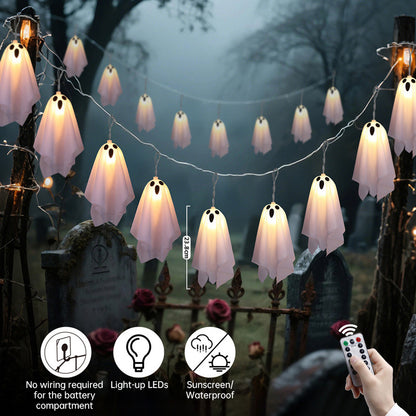 Halloween Ghost String Lights with 8 Modes / Waterproof Indoor/Outdoor Decor for Haunted House, Party, and Porch