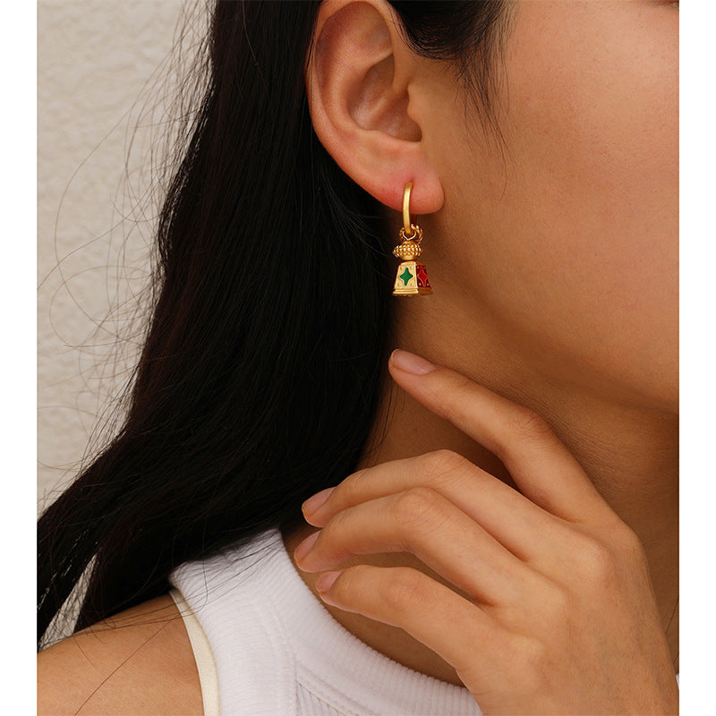Chinese Retro Enamel Lantern Drop Hoop Earrings