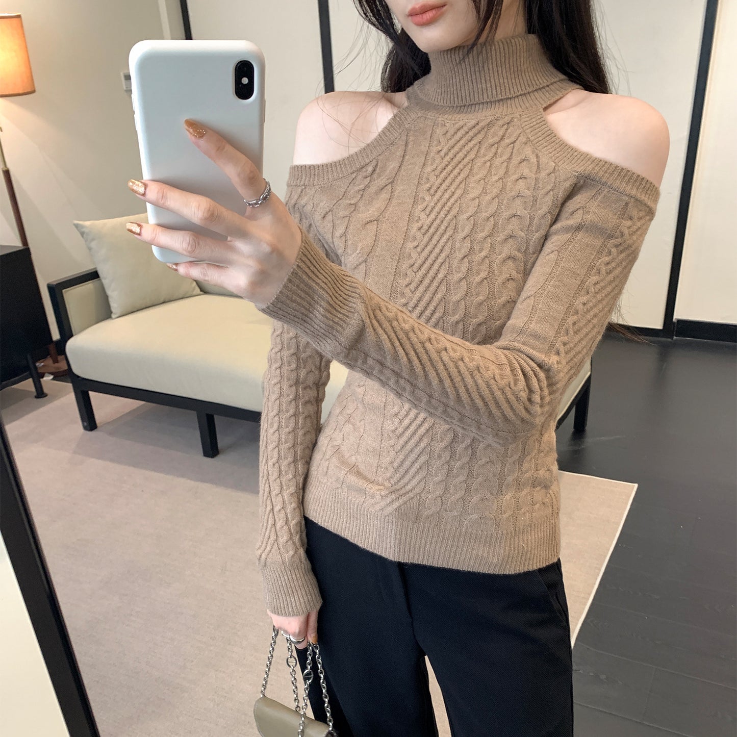 Sexy High Neck Off-Shoulder Cable Knit Sweater – Unique Fitted Cold Shoulder Pullover for Women