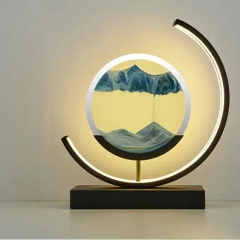 Modern LED sand art table lamp with mountain landscape design, ambient decor lighting