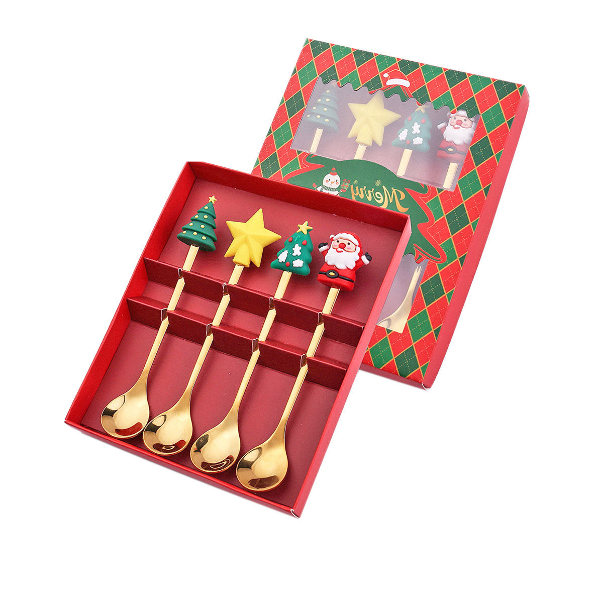 Luxury Christmas Gift Tableware Set - Gold Stainless Steel Coffee Spoon & Dessert Fork with Festive Cartoon Handles (Set of 4)