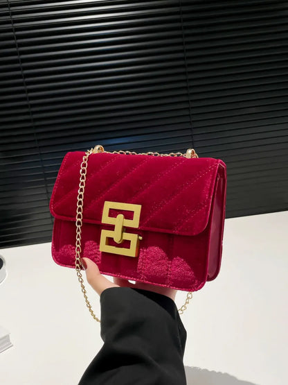 Black Velvet Chain Strap Shoulder Bag with Gold Hardware