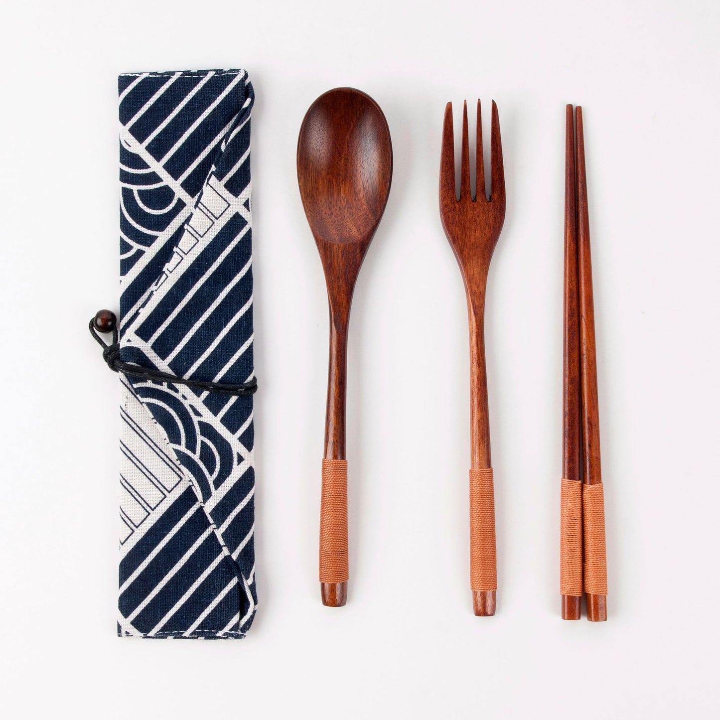Japanese Style 3-Piece Portable Wooden Cutlery Set with Pouch