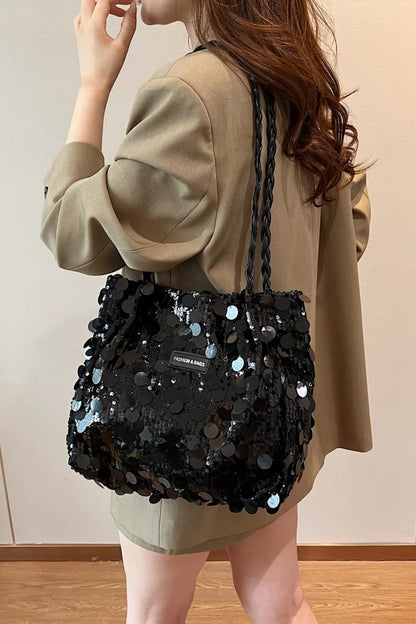 Sparkly Silver Sequin Bag with Braided Shoulder Strap (Hobo Style)