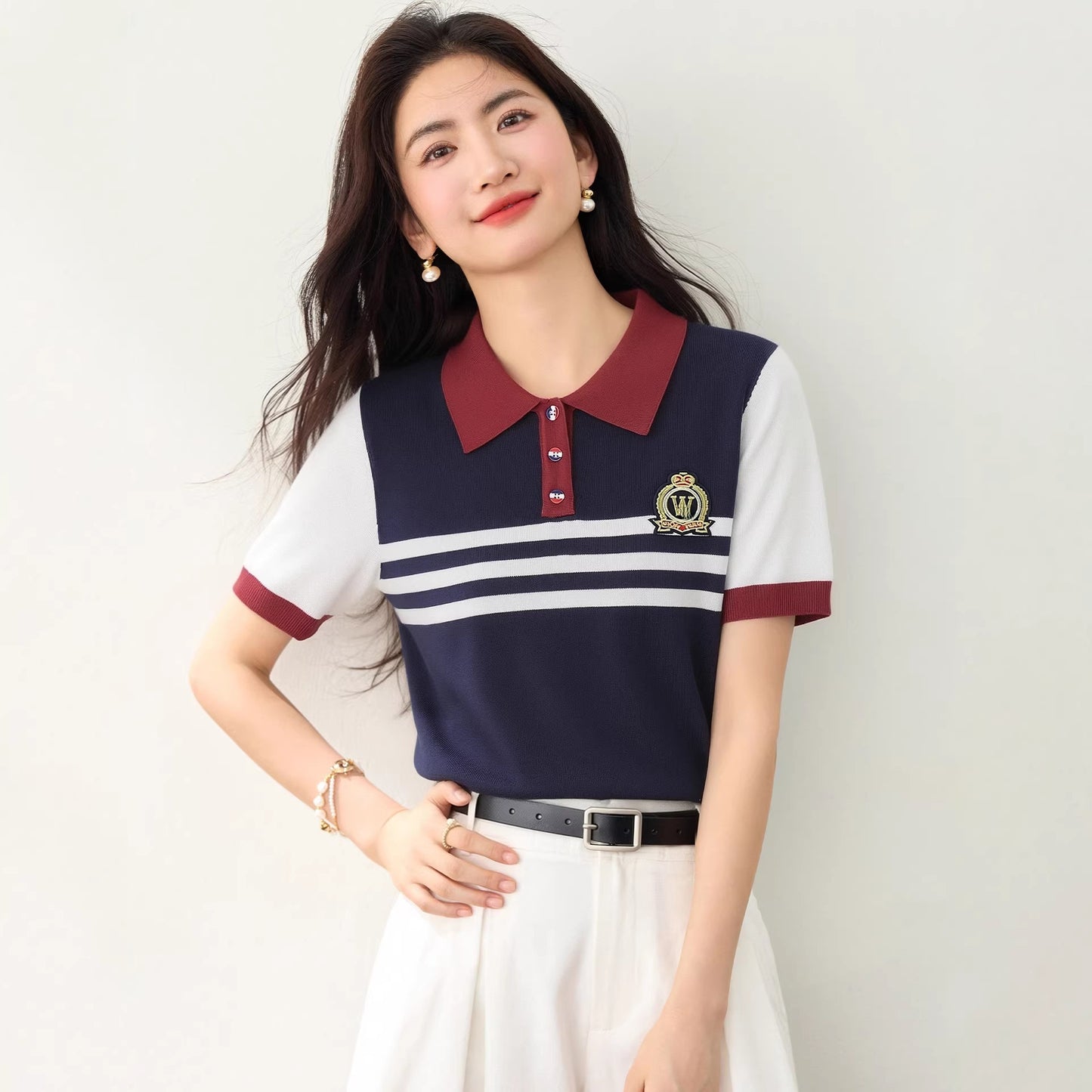 Youthful Preppy Style Striped T-Shirt - Versatile Summer Polo Top for Women