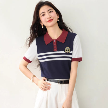 Youthful Preppy Style Striped T-Shirt - Versatile Summer Polo Top for Women