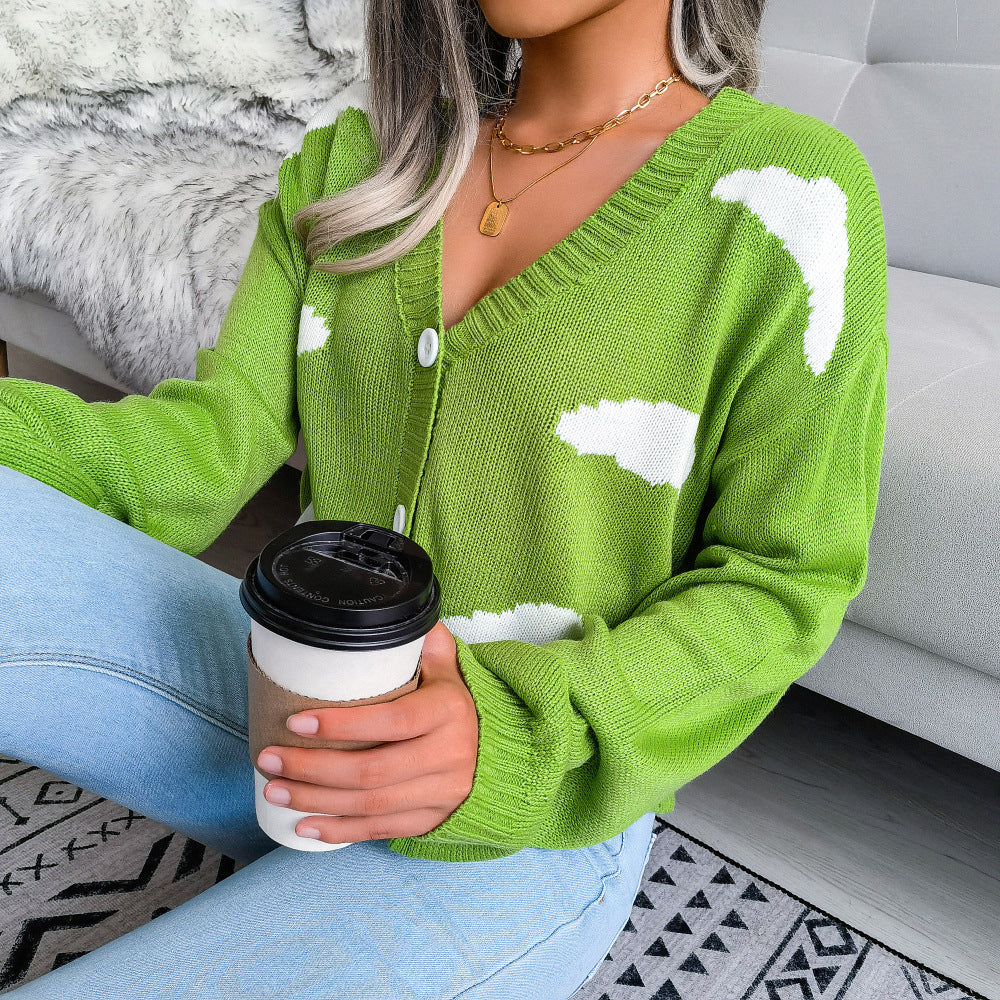 Dreamy Cloud Print Knitted Cardigan - Soft V-Neck Button-Up Sweater