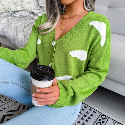 Dreamy Cloud Print Knitted Cardigan - Soft V-Neck Button-Up Sweater