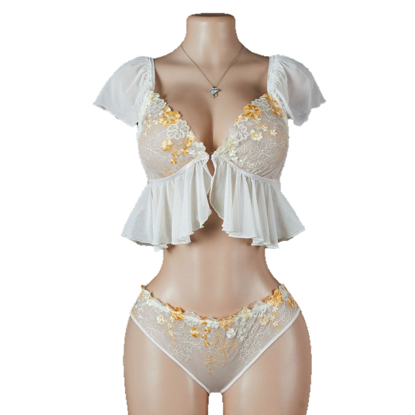 Sexy Perspective Mesh Underwear Set - Cap Sleeve Ruffle Top and Panty