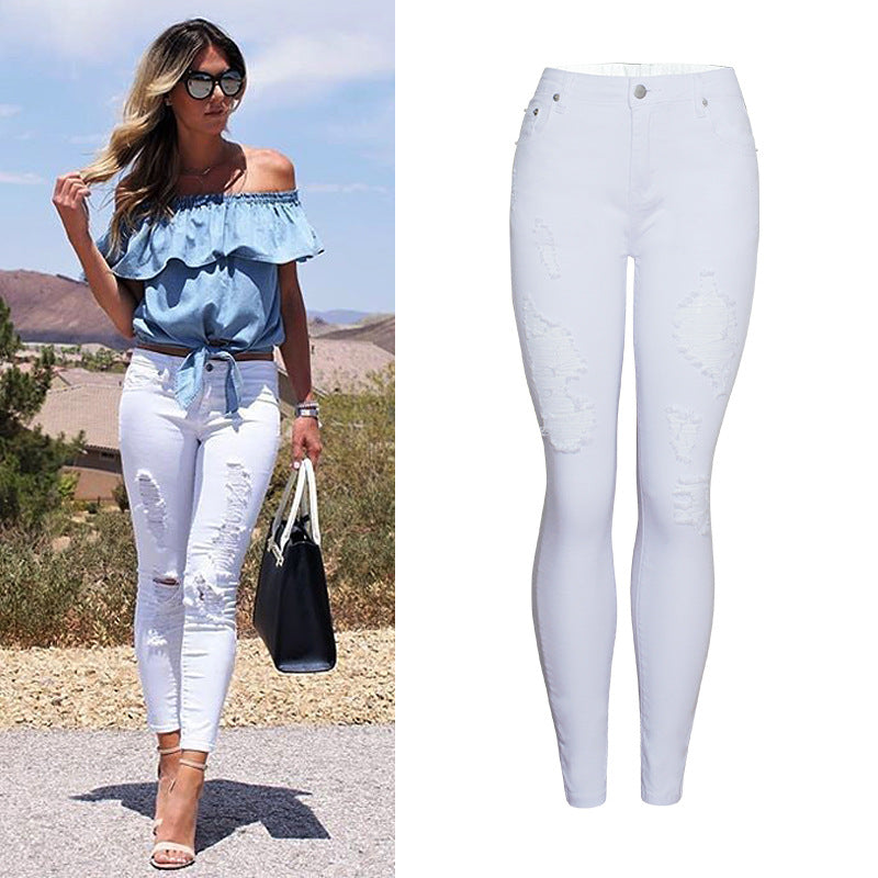 Elegant White Ripped Pencil Pants – High Waist Slim Fit Distressed Denim for Women